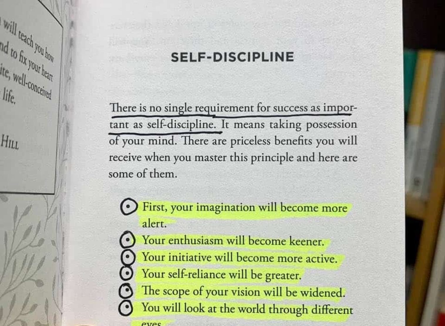 Highlighted tips for developing self-discipline and personality growth in a book.